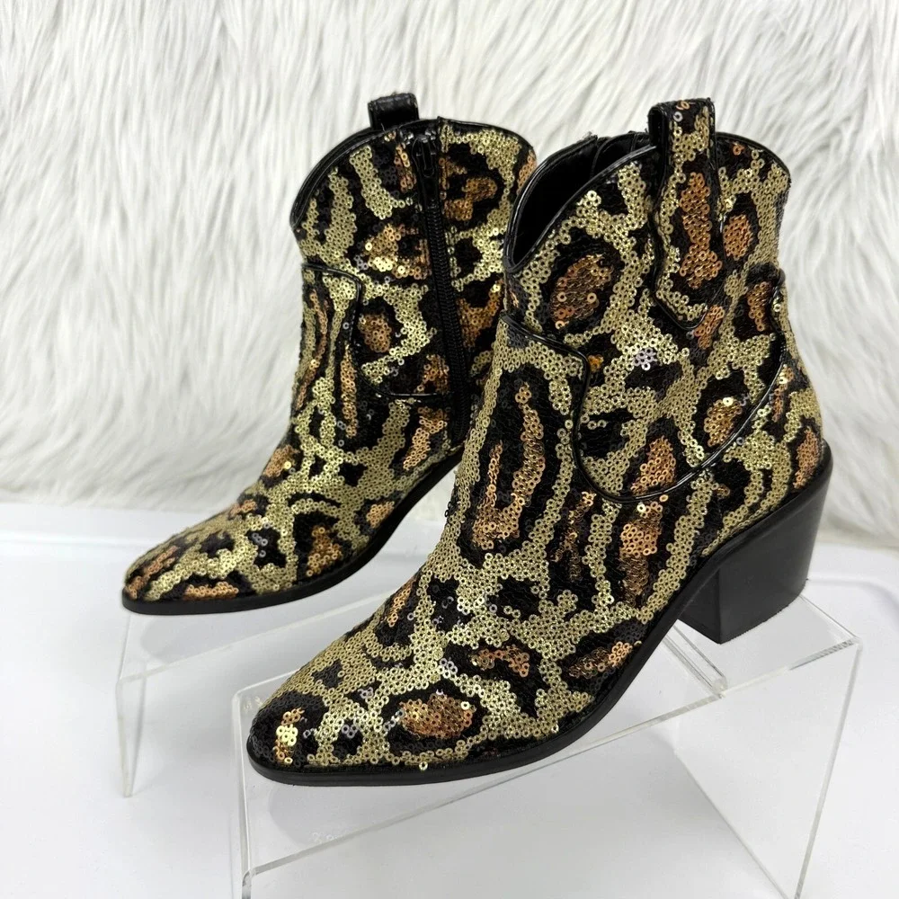 Betsey Johnson Cowboy Boots‎ Lucki Leopard Sequin Sz 6 Animal Print Cowgirl Glam